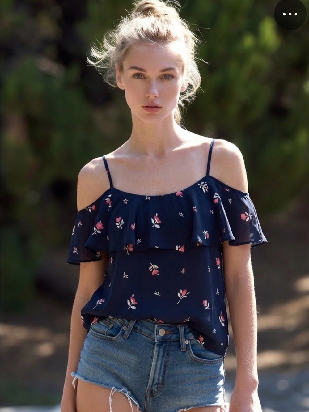 Navy Floral Cold Shoulder Ruffle Camisole with Pink Accents Size S